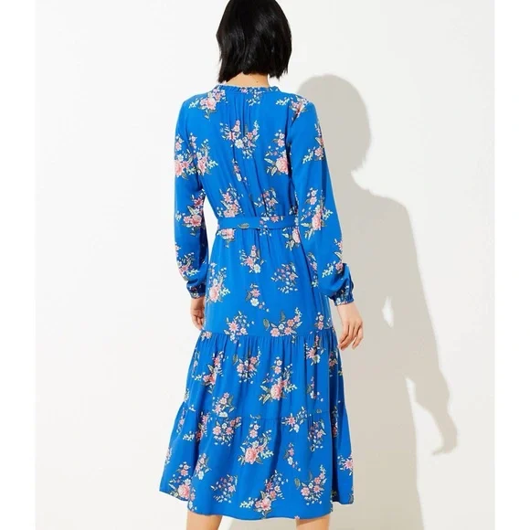 Loft Floral Tiered Maxi Dress Blue Long Balloon Sleeve Belted Full Length Size 2 - Picture 9 of 12